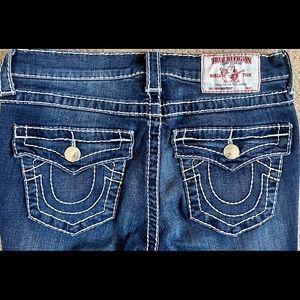 Like new, True Religion Womens Jeans. Size: 28 Distressed dark blue. Retail $189